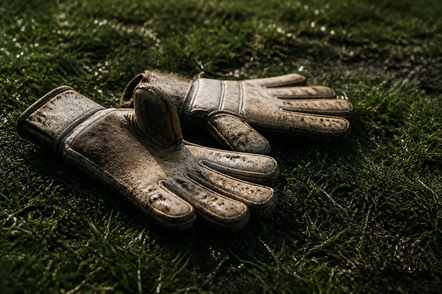 Guantes de portero usados sobre el césped después de entrenar